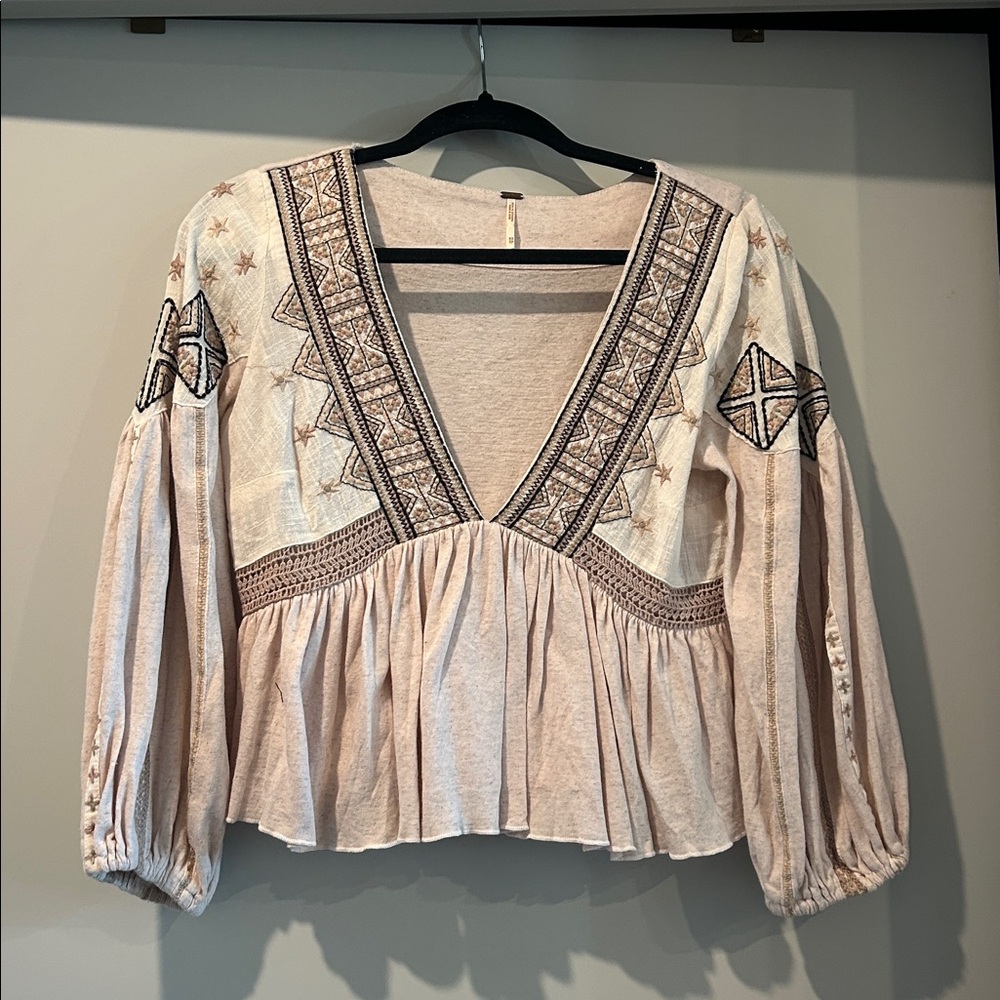 Free People Beige Embroidered V-Neck Blouse